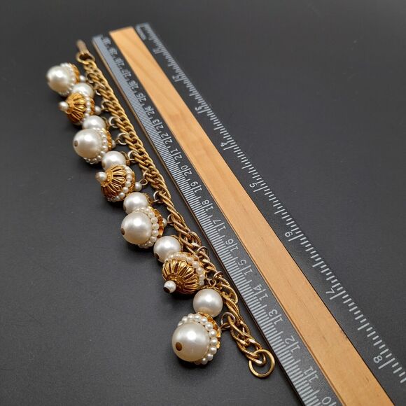 Vintage 1950s Acorn Filigree Charm Bracelet, Faux Pearls, 7 1/4" - Picture 7 of 9